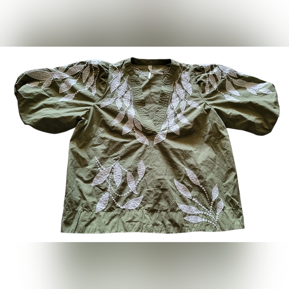 Pre-owned Anthropologie Puff-Sleeve Embroidered Blouse Top Women Sz M Green - Picture 2 of 9